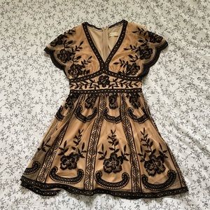 Altar’d State Tan Dress with Black Lace Design (Size M)